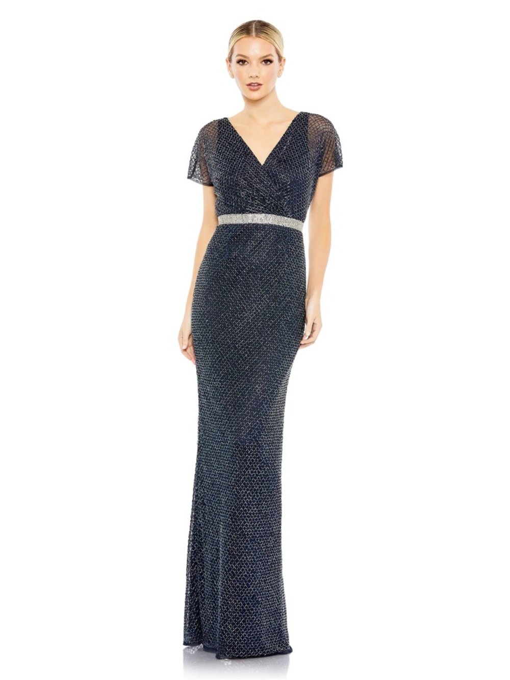 Mac Duggal Rhombus Embellished V-Neck Flutter Sleeve Maxi Dress